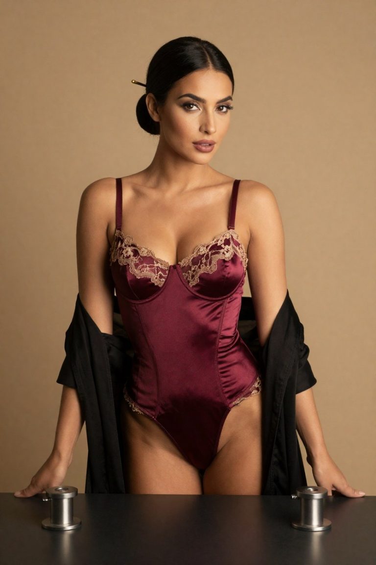 AiPronHubs muse in a wine-red satin corset at the wheel hub desk